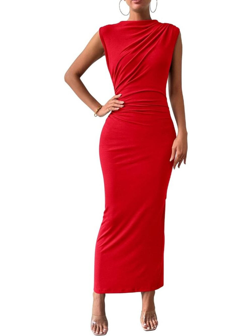 Women's Red Summer Casual Sleeveless Lightweight Ruched Bodycon Maxi Dresses